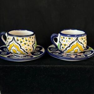 Vintage Hand Painted Talavera Terracotta Set Of 2 Coffee Cups, 3 Sets Available.